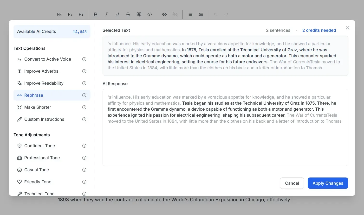 Screenshot of AI Writing Assistant Interface