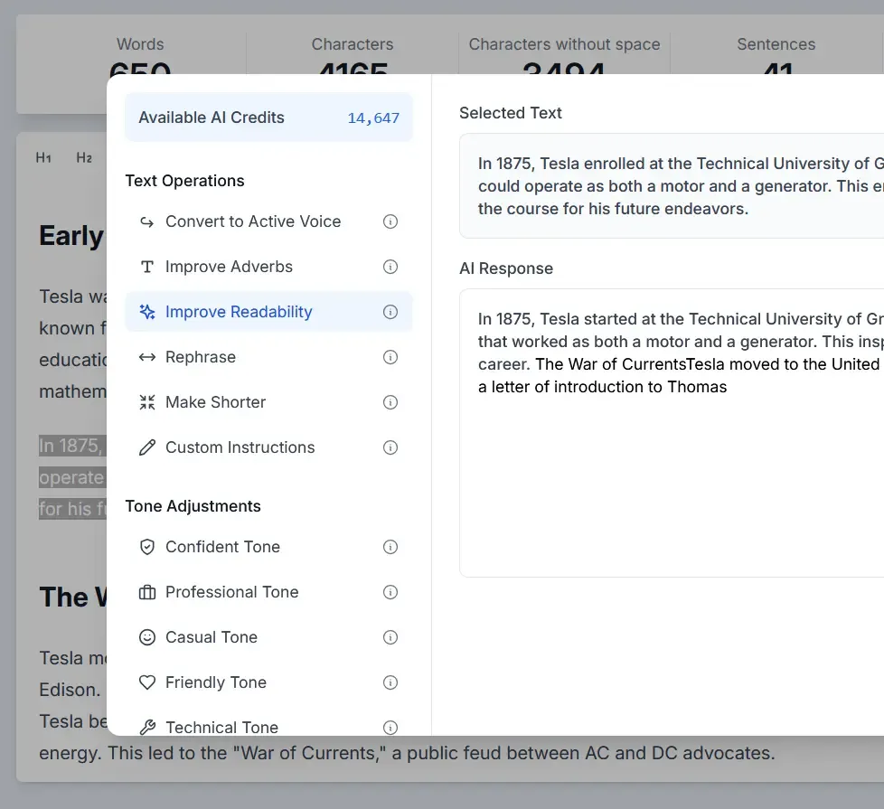 Screenshot of AI writing features