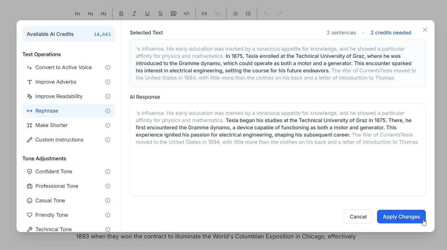 Screenshot of AI improvements