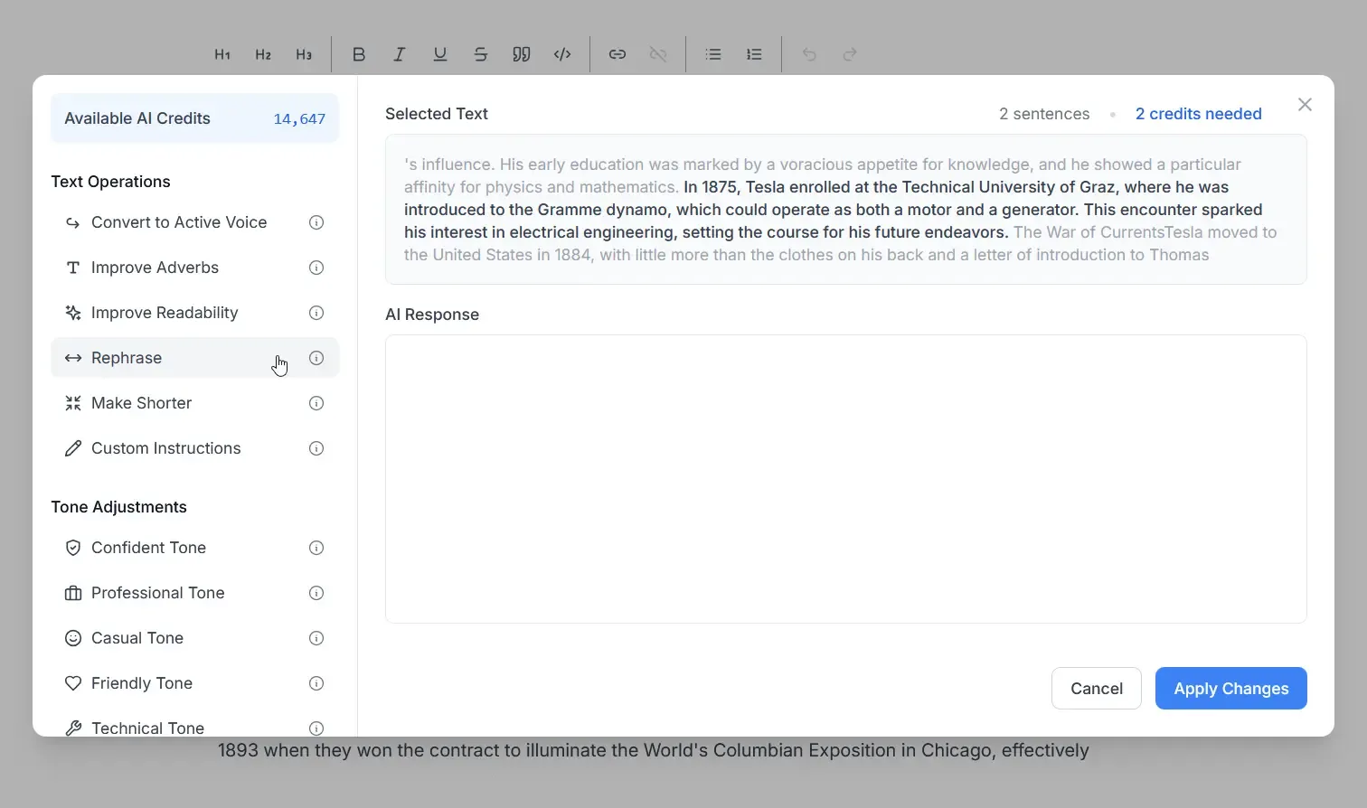 Screenshot of AI operation selection