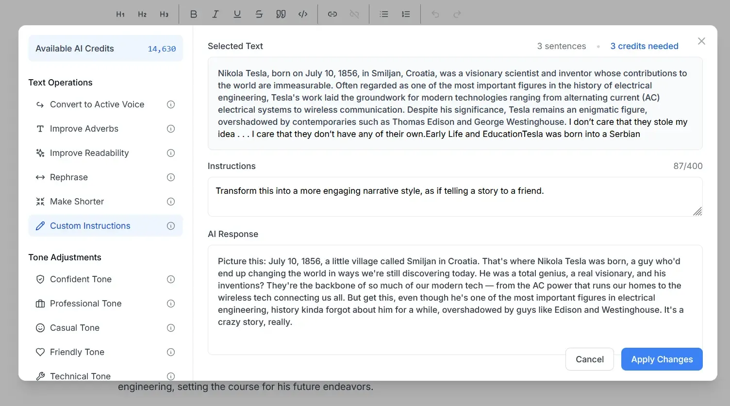 Screenshot of custom instructions interface
