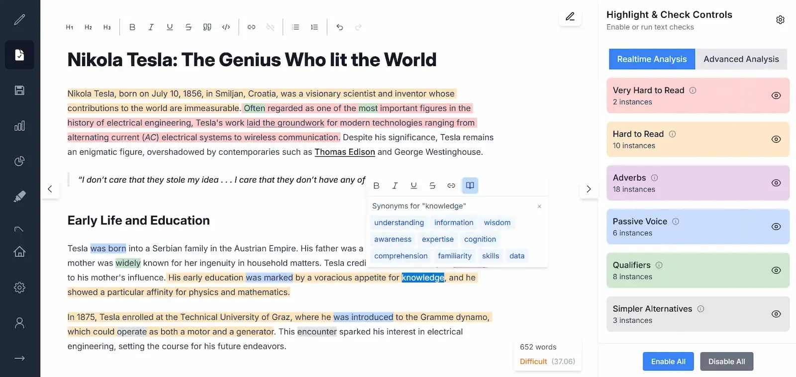 Screenshot of Gorby's text analysis page
