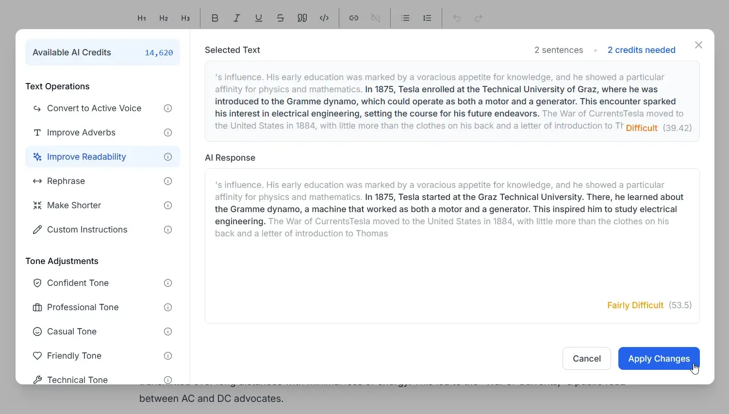 Screenshot showing readability score comparison after using AI