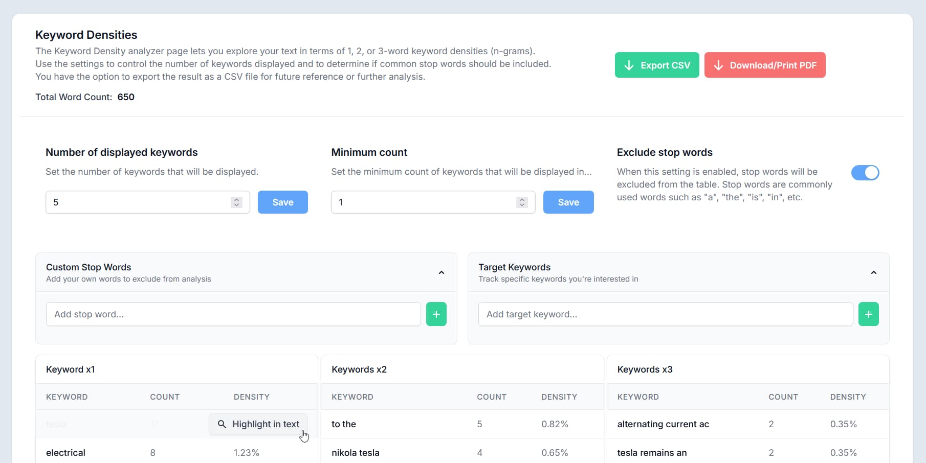 Keyword Densities Feature Interface