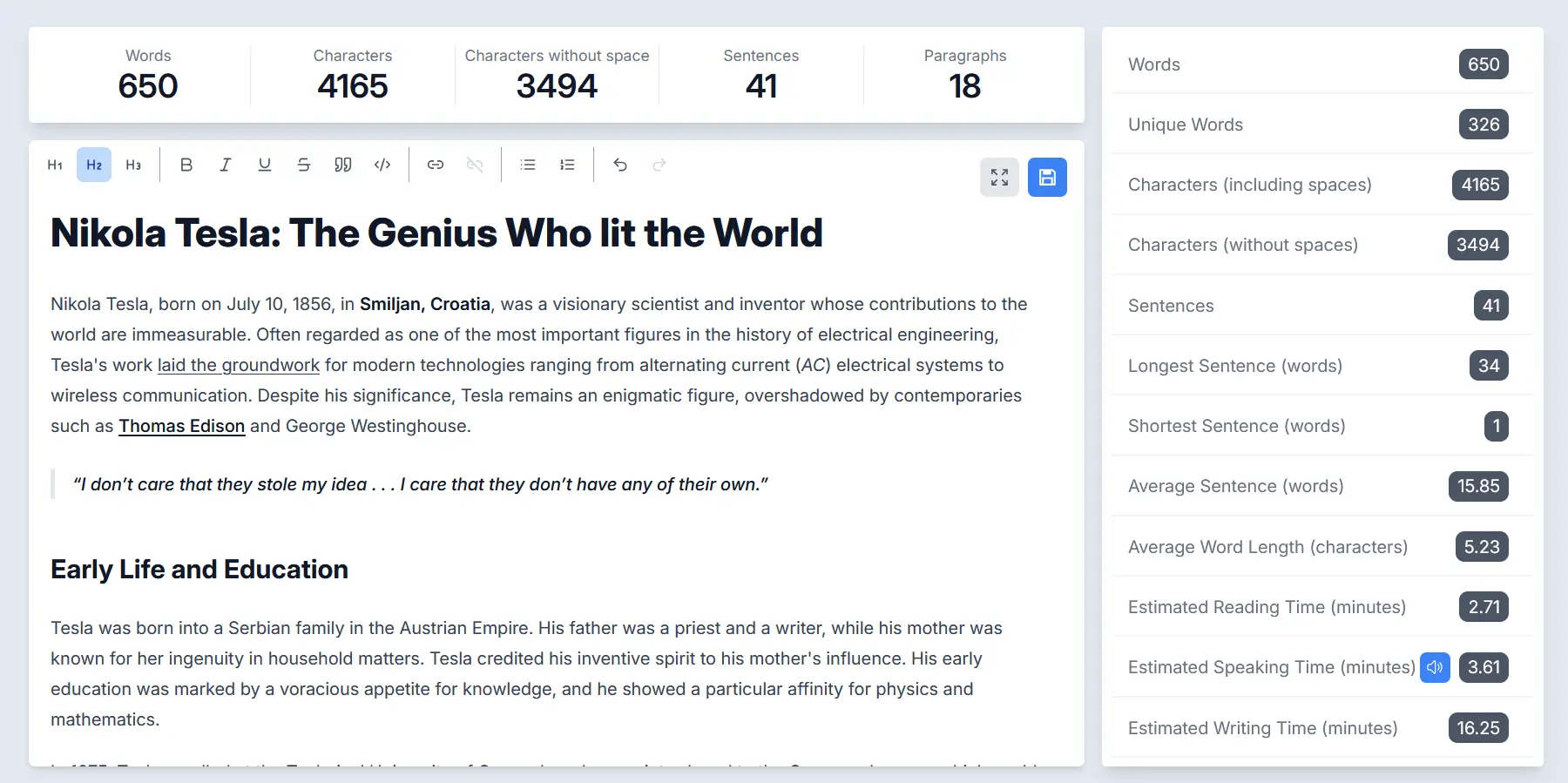 See general text stats at the top and detailed stats on the right Text Statistics Feature Interface