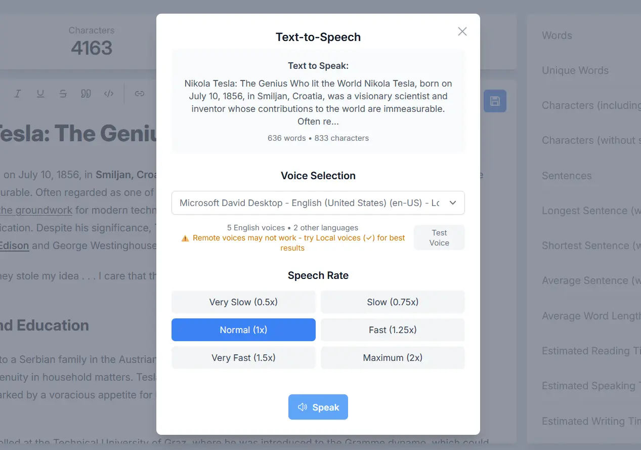 Configure text-to-speech voice and playback speed Text-to-Speech Interface