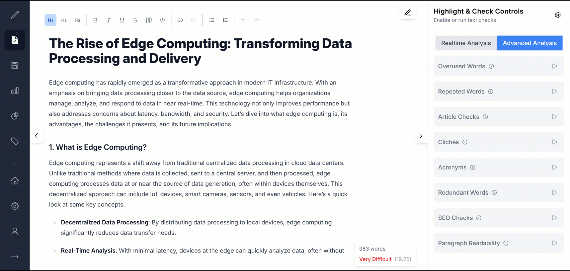 Access the advanced checks panel for deeper writing analysis. GIF of Advanced Checks Panel