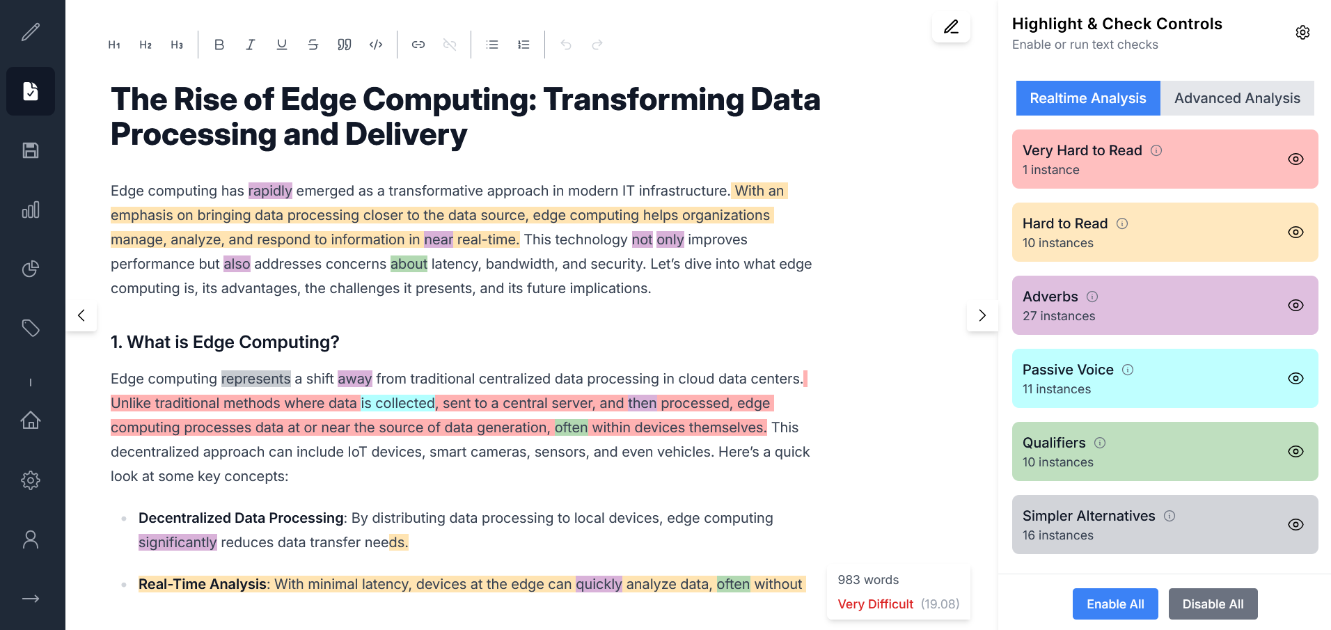 Gorby's real-time writing analysis highlighting sentences, passive voice, and adverbs. Screenshot of Text Checks and Highlights Feature