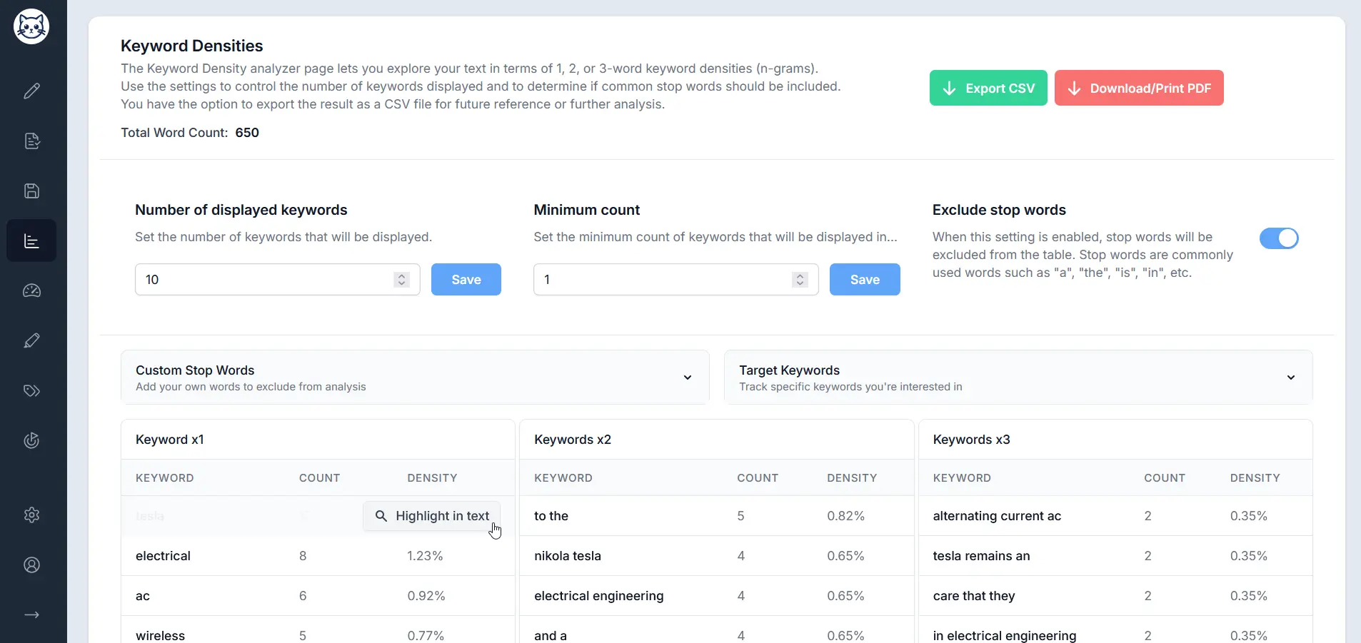 Keyword density feature in Gorby text analyzer