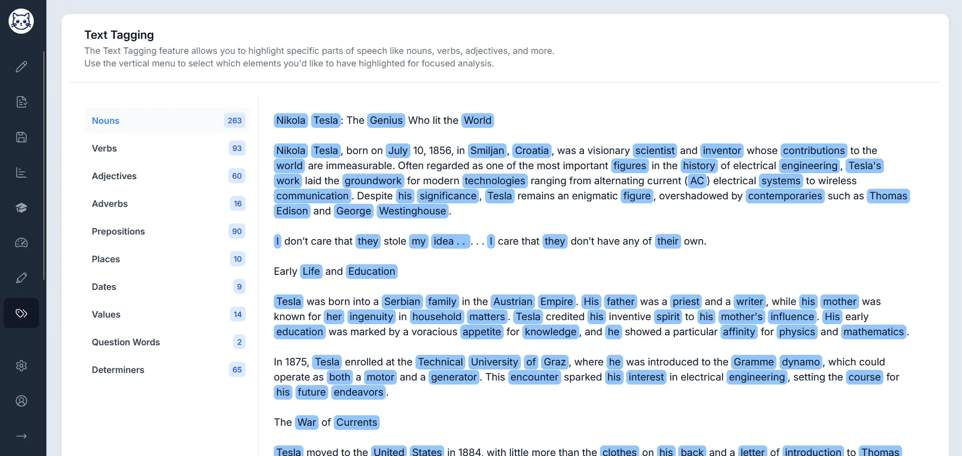 Gorby's Text Tagging feature identifying and highlighting various parts of speech. Screenshot of Text Tagging Feature